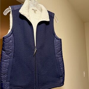 Talbots Blue Zippered Vest Petite Small Cozy Fleece Inside, Quilted Sides